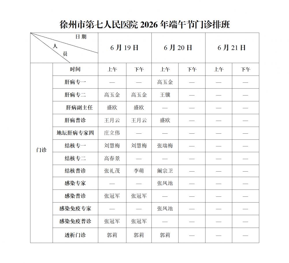 徐州市第七人民医院端午节放假通知及门诊安排（6月19日-6月21日）