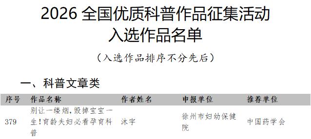 徐州市妇幼保健院科普作品入选2026全国优质科普作品